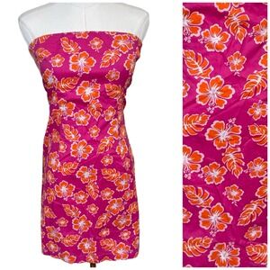 Vintage Rave City Strapless‎ Hibiscus Mini Dress Women M Pink Orange Floral Y2K